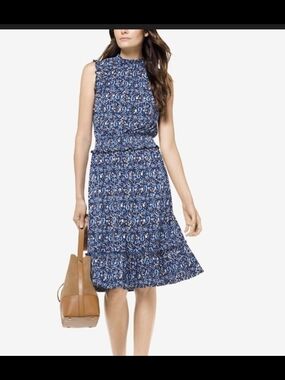 Michael Kors Navy Floral-Print Sleeveless Midi Dress